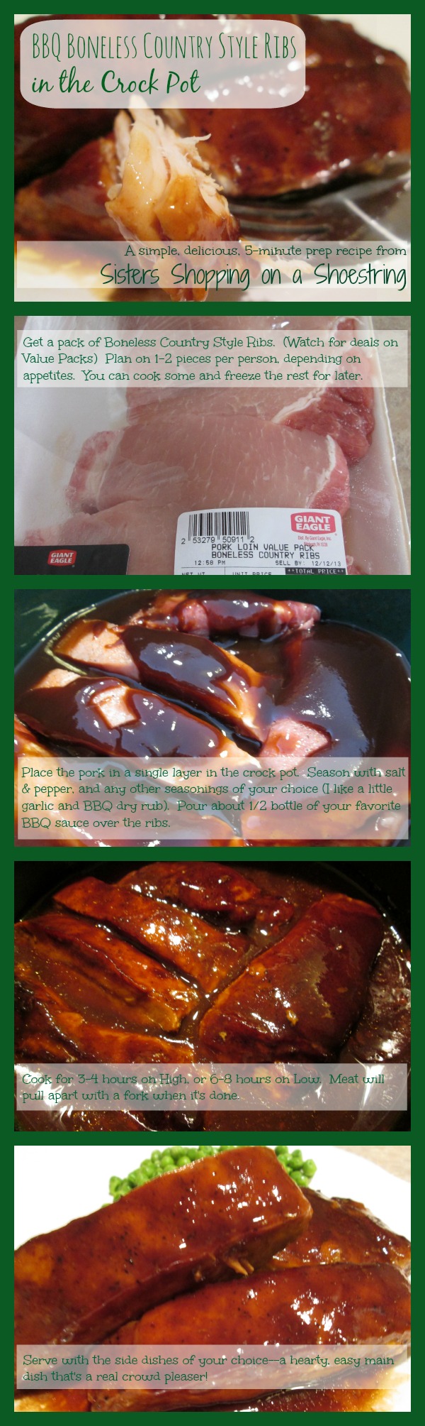 Crock Pot BBQ Country Style Ribs Recipe--5 minute prep for a delicious meal from Sisters Shopping on a Shoestring